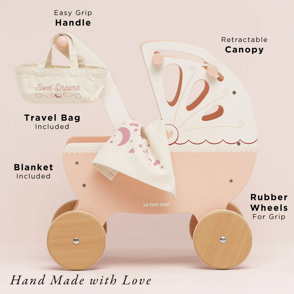 Le Toy Van Doll's Wooden Pram – for children, available at Learning Bugs UK