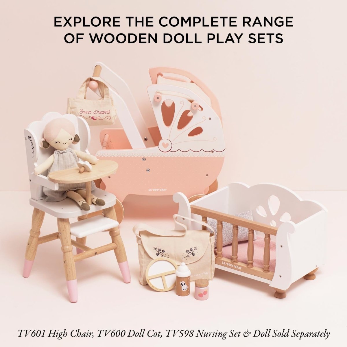 Le Toy Van Retro Wooden Doll Pram – Pretend Play for children, available at Learning Bugs UK