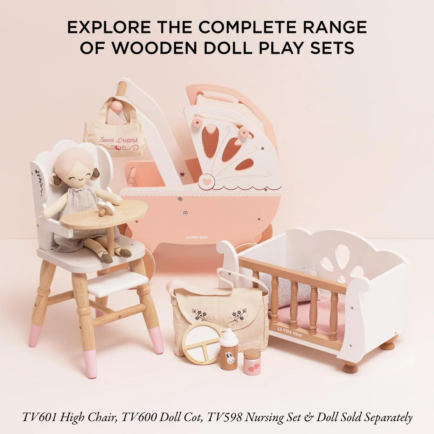 Le Toy Van Doll's Wooden Pram – for children, available at Learning Bugs UK