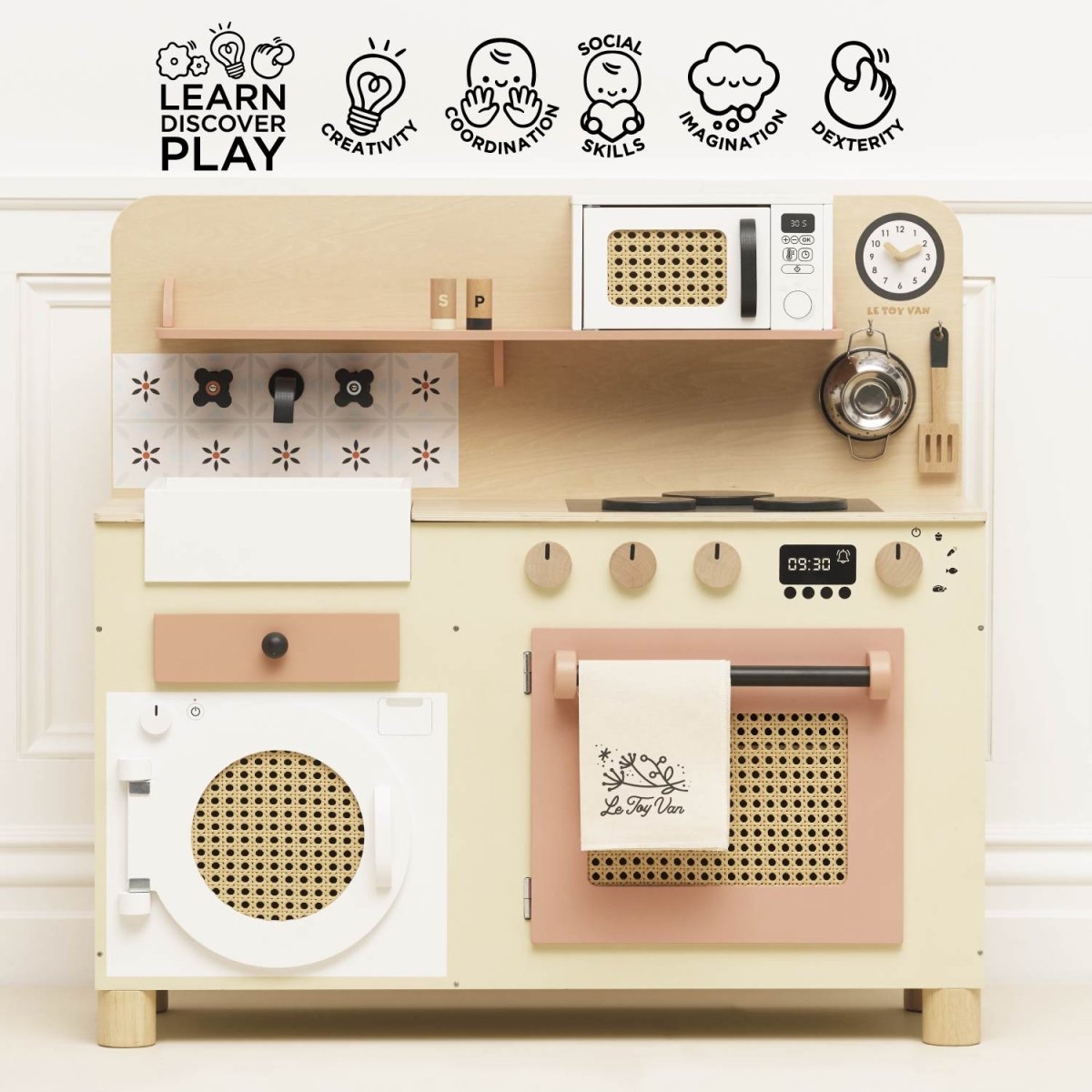 Rattan Family Wooden Play Kitchen – Toy Kitchens & Play Food for children, available at Learning Bugs UK