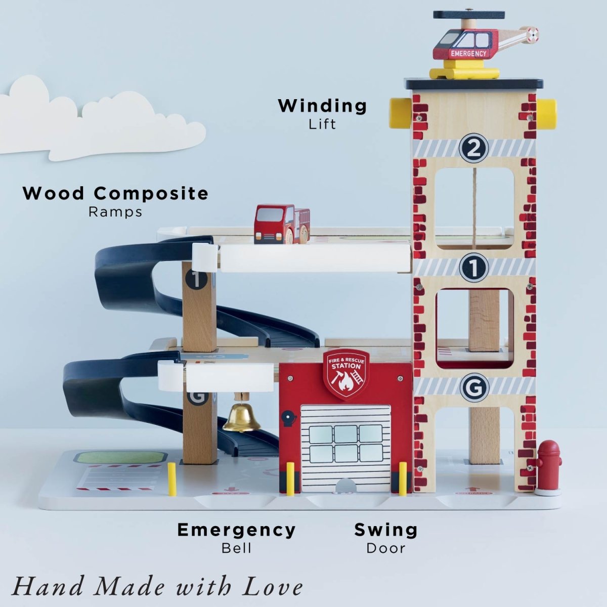 Fire & Rescue Wooden Garage – Play Vehicles for children, available at Learning Bugs UK