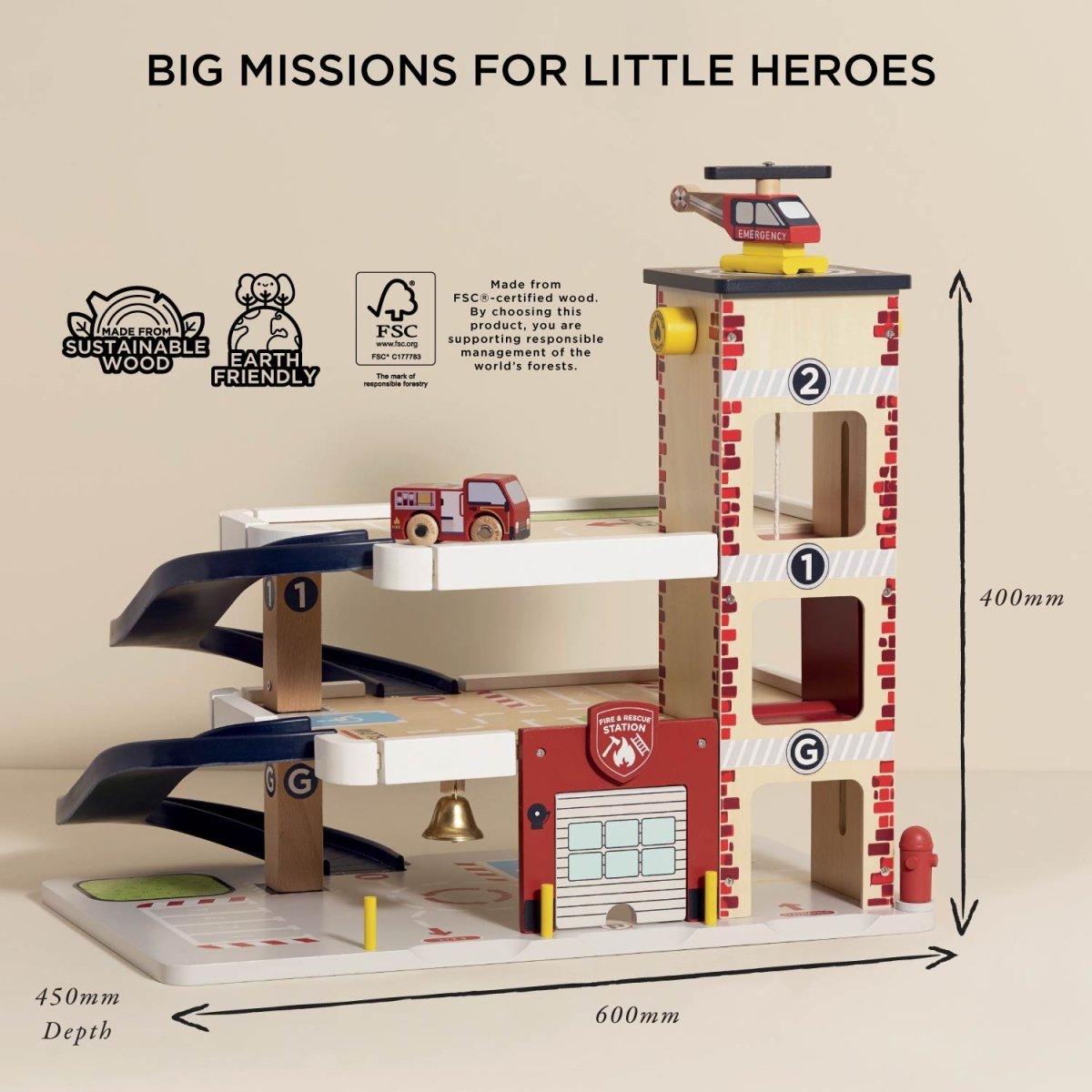 Fire & Rescue Wooden Garage – Play Vehicles for children, available at Learning Bugs UK