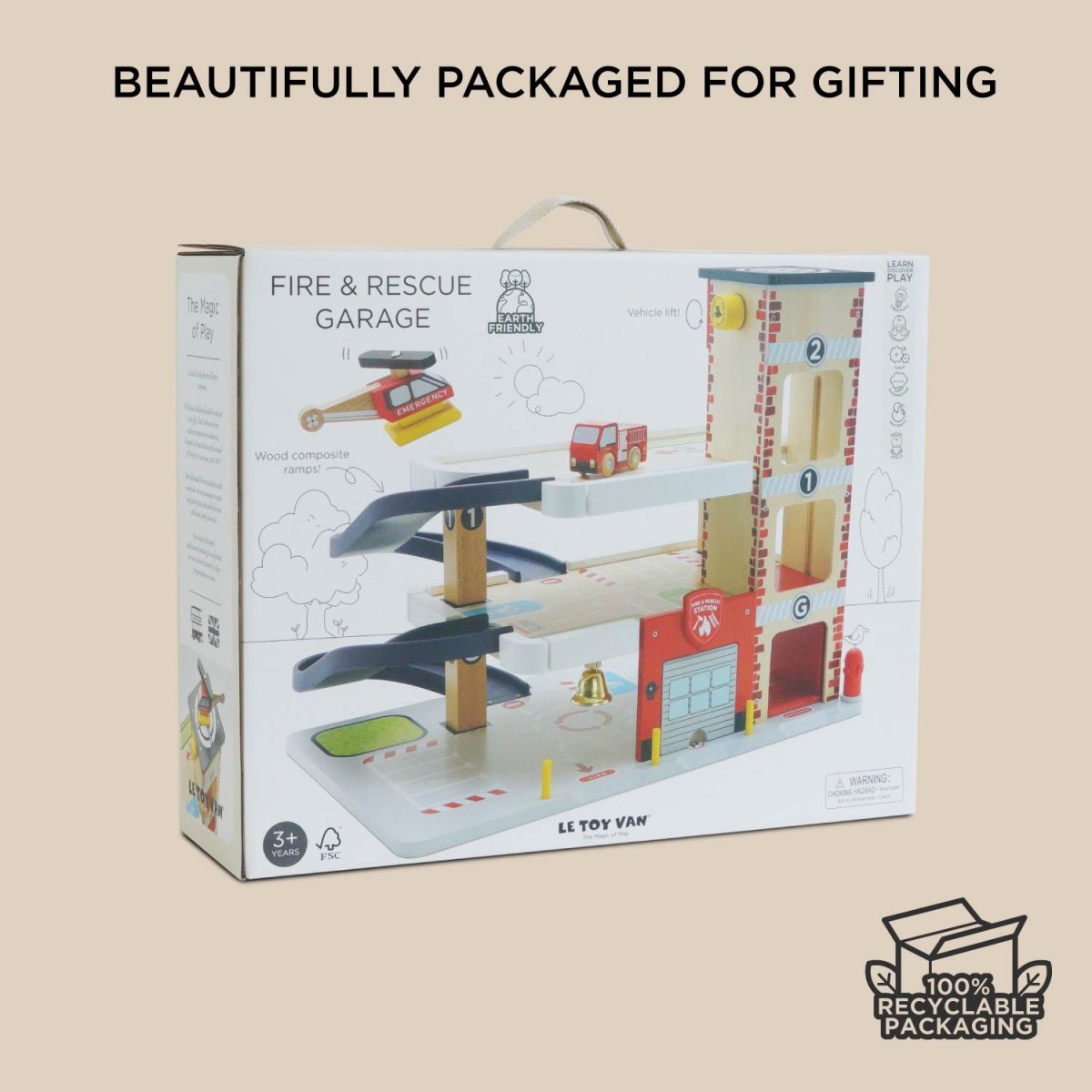 Fire & Rescue Wooden Garage – Play Vehicles for children, available at Learning Bugs UK