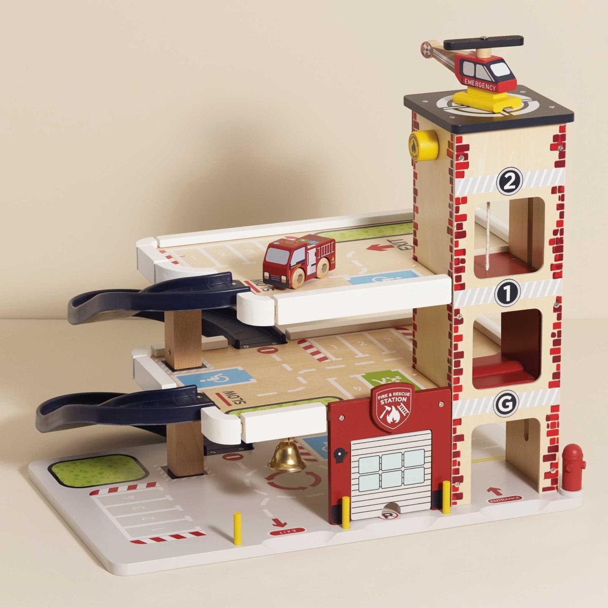 Fire & Rescue Wooden Garage – Play Vehicles for children, available at Learning Bugs UK
