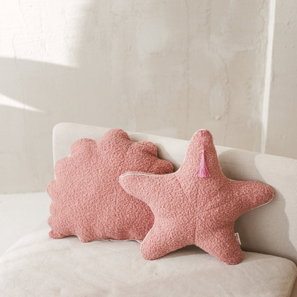 MINICAMP Boucle Seashell & Starfish Throw Pillows in Rose | PACK of 2 – Decorative Pillows for children, available at Learning Bugs UK