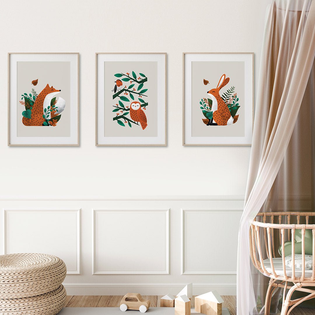 Neutral Scandi Woodland Animals Nursery Prints Set of 3 – Print Sets for children, available at Learning Bugs UK