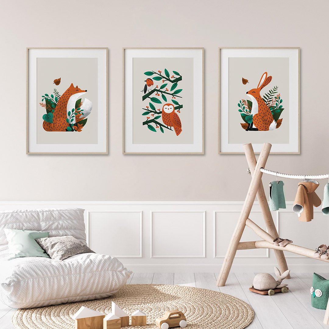 Neutral Scandi Woodland Animals Nursery Prints Set of 3 – Print Sets for children, available at Learning Bugs UK