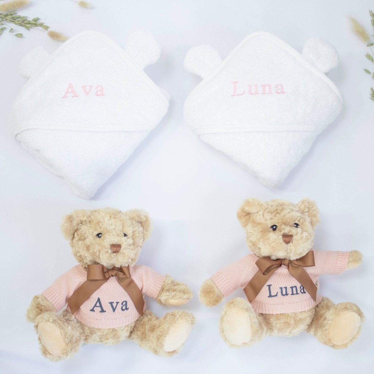 Twin Girls Teddy and Towel Gift Set – for children, available at Learning Bugs UK