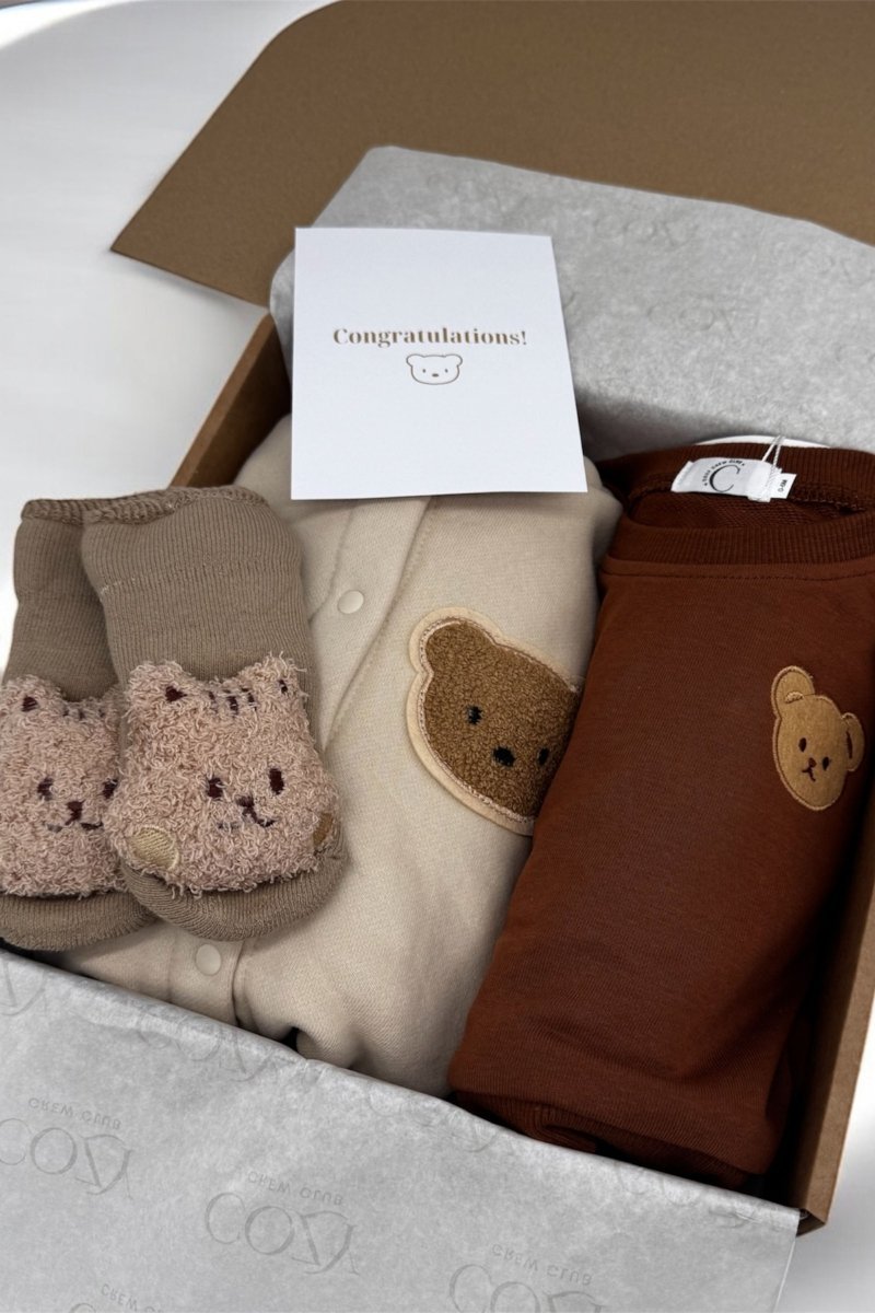 The Cozy Ultimate Bear Tracksuit, Playsuit + Socks Personalised Gift Box – Gift Sets for children, available at Learning Bugs UK