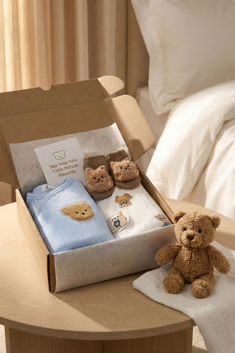The Cozy Blue Boucle Baby Bear & Charming Bear Personalised Gift Box – Gift Sets for children, available at Learning Bugs UK