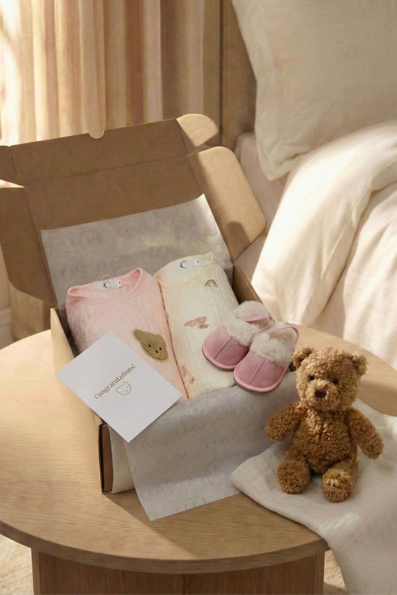 The Cozy Pink Boucle Baby Bear & Rainbow Personalised Gift Box – Gift Sets for children, available at Learning Bugs UK