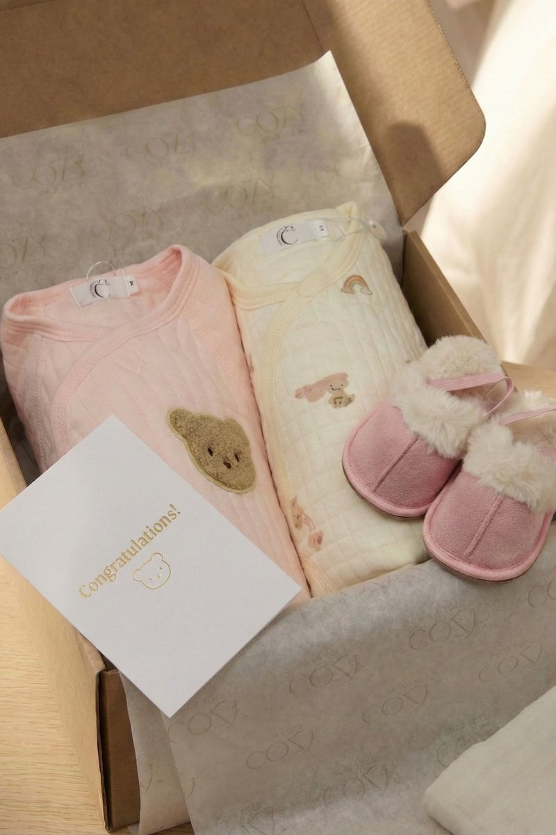The Cozy Pink Boucle Baby Bear & Rainbow Personalised Gift Box – Gift Sets for children, available at Learning Bugs UK