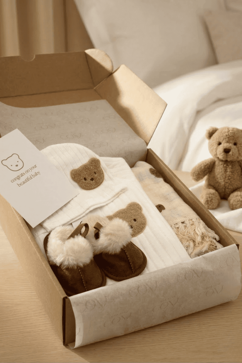 The Cozy Boucle Baby Bear Personalised Gift Box – Gift Sets for children, available at Learning Bugs UK