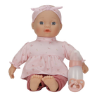 Baby doll in pink outfit with a pacifier on a white background