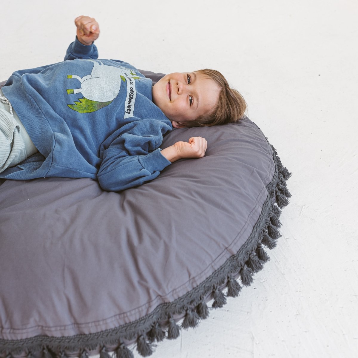 MINICAMP Large Floor Cushion with Tassels in Grey – Floor Pillows for children, available at Learning Bugs UK