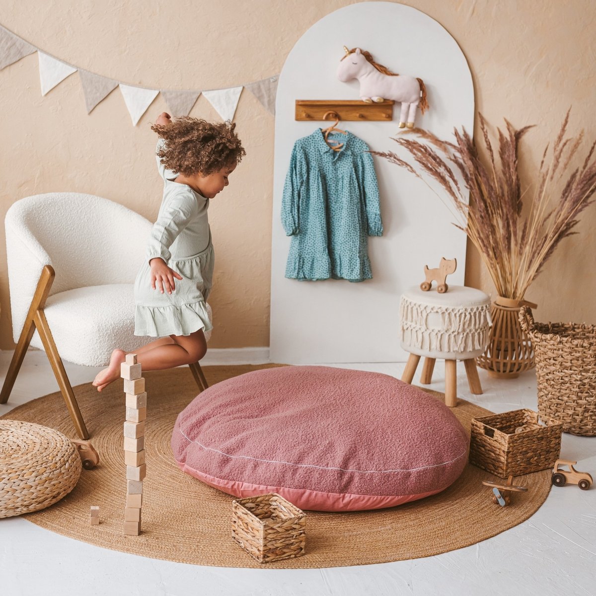 MINICAMP Boucle Fabric Kids Floor Cushion in Rose – Floor Pillows for children, available at Learning Bugs UK