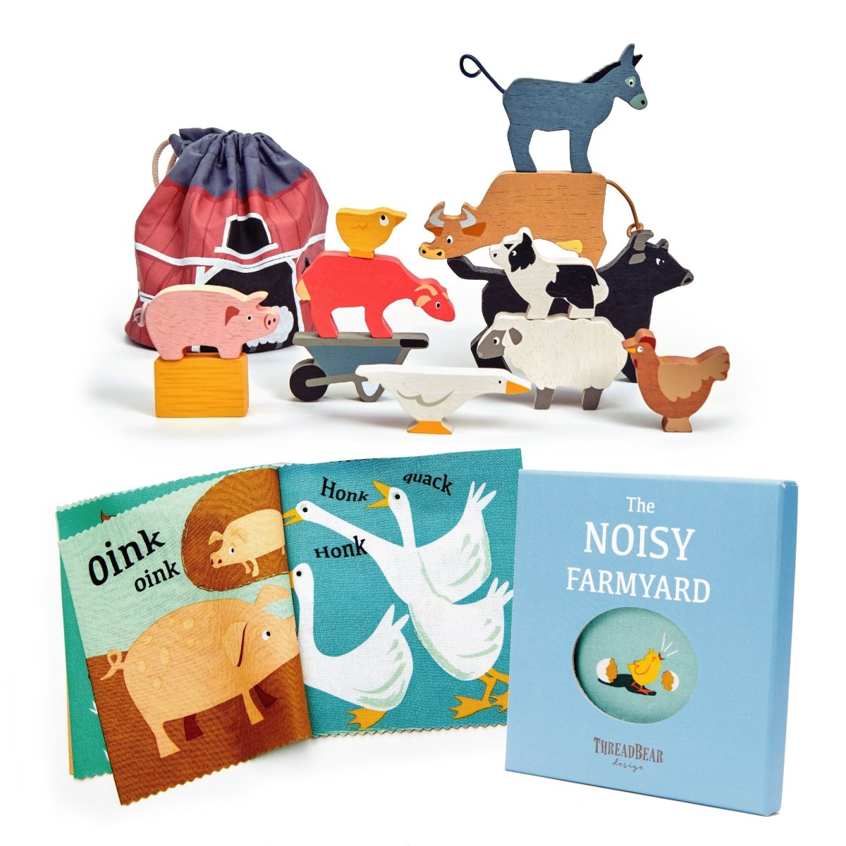 Farmyard Stacker & Farmyard Rag Book Bundle – Wooden animal bundle for children, available at Learning Bugs UK