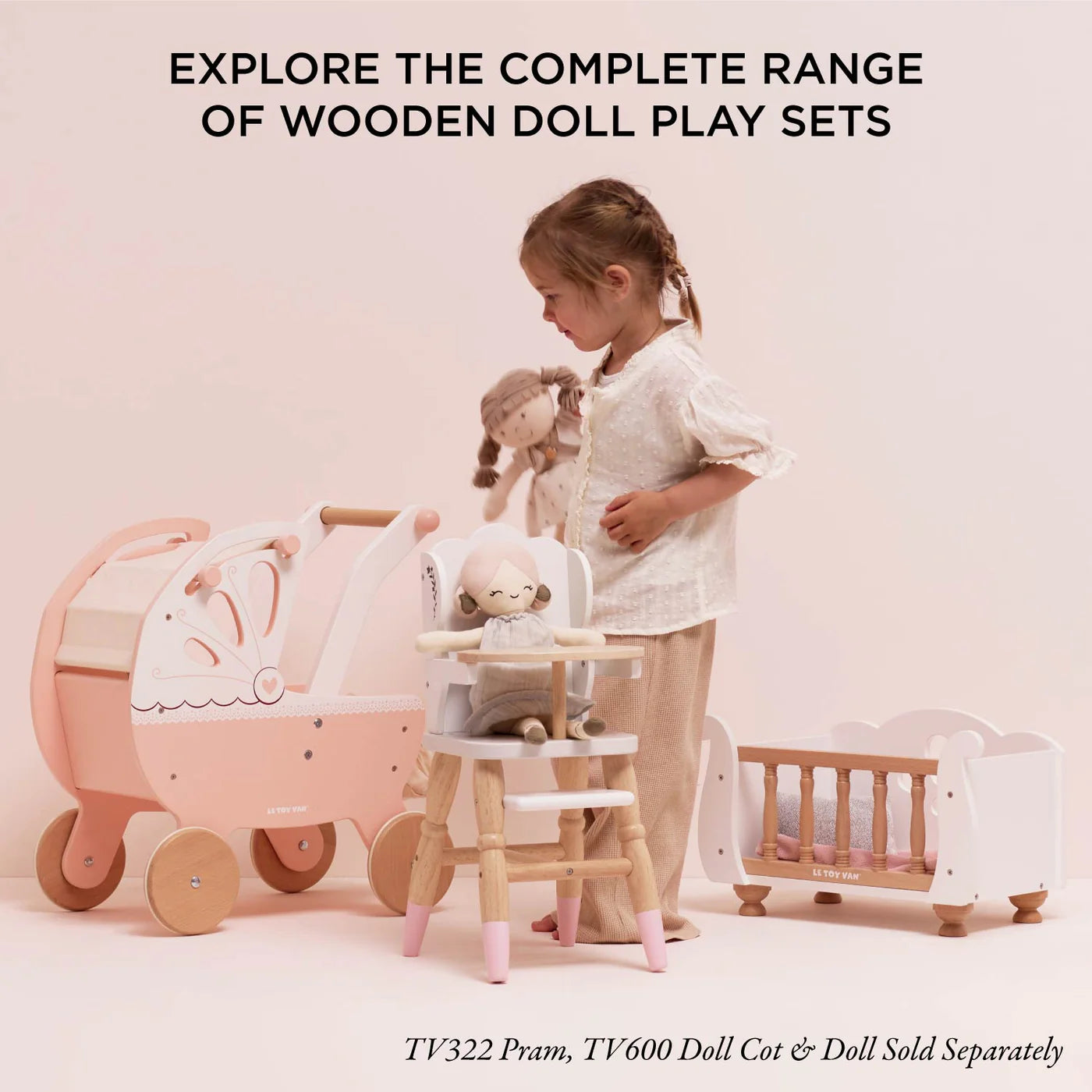 Le Toy Van Doll's Wooden High Chair – for children, available at Learning Bugs UK