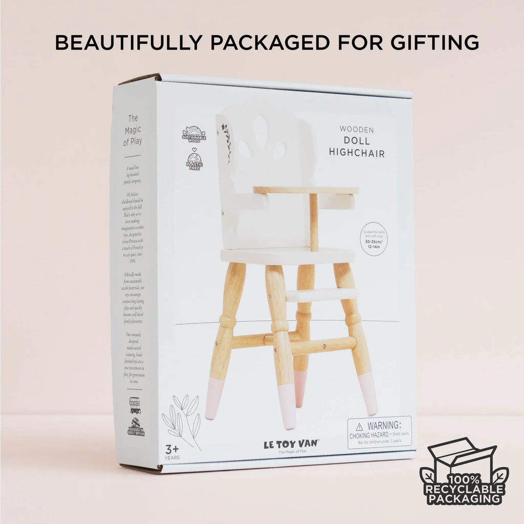 Le Toy Van Doll's Wooden High Chair – for children, available at Learning Bugs UK