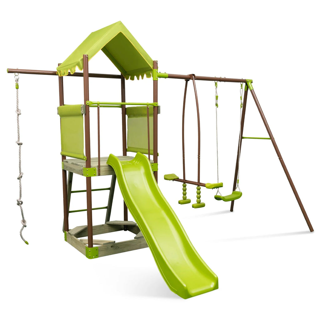 Buy 7 - in - 1 Swing Set Outdoor Metal Playset with Covered Fort - Green | for kids by Learning Bugs UK