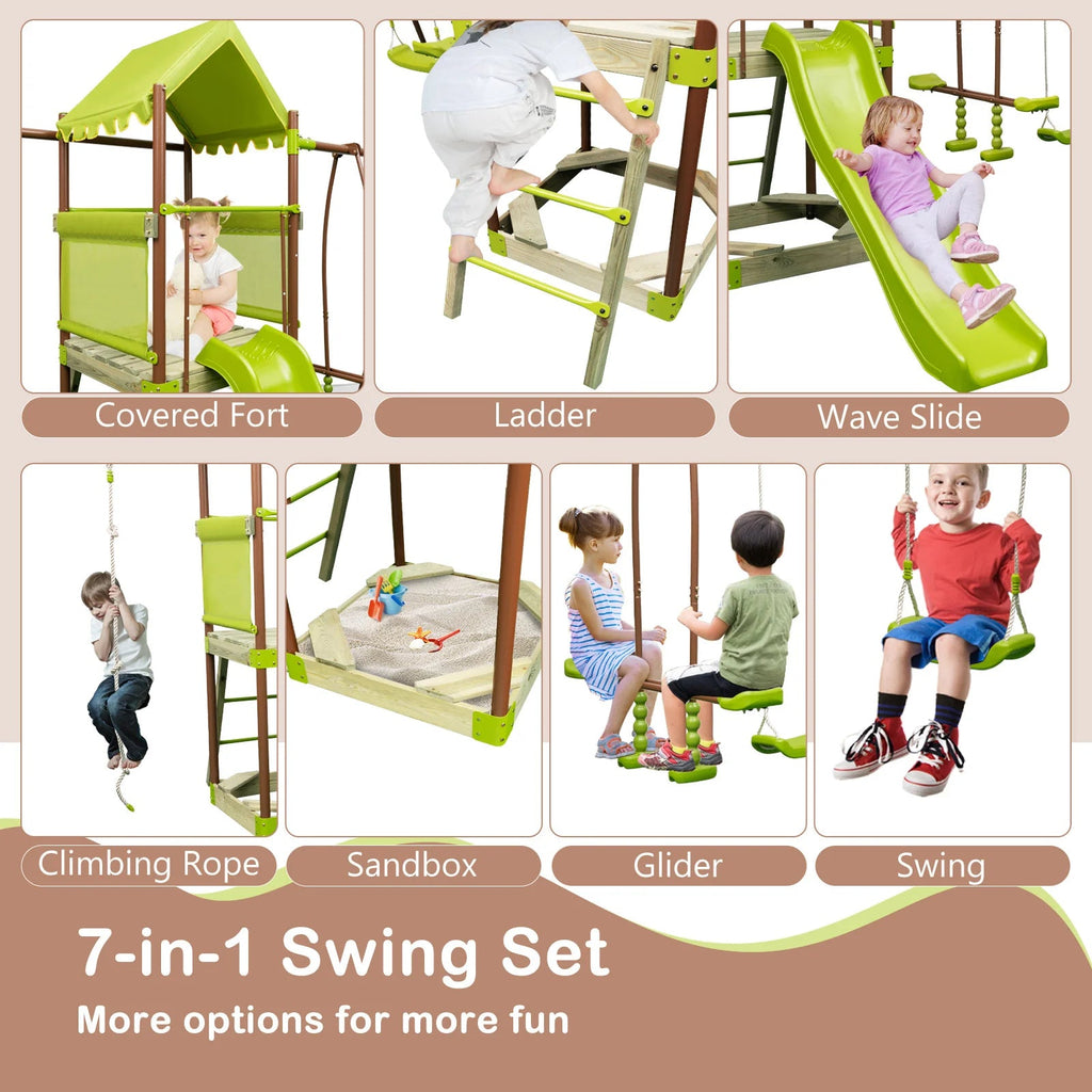 Buy 7 - in - 1 Swing Set Outdoor Metal Playset with Covered Fort - Green | for kids by Learning Bugs UK
