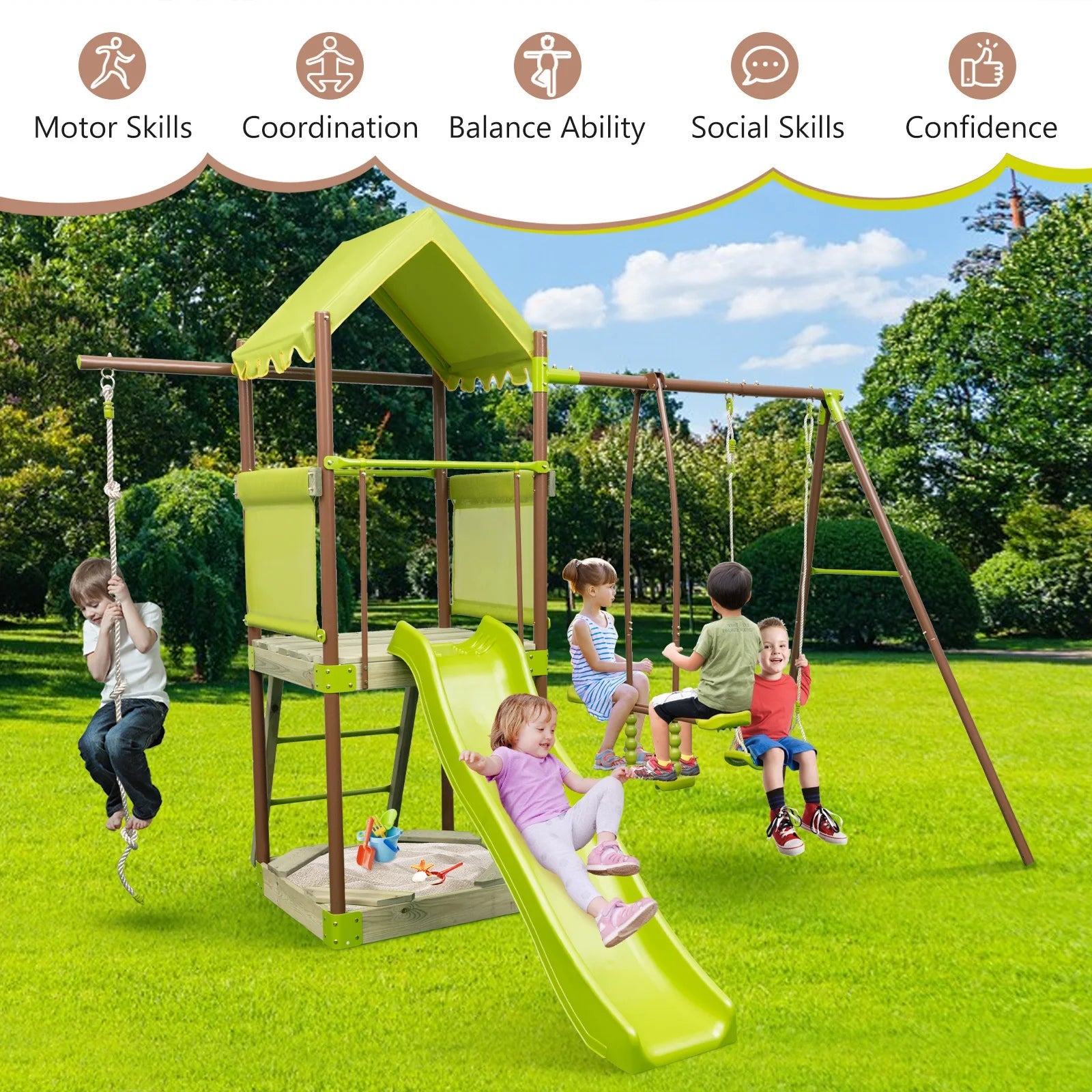 Buy 7 - in - 1 Swing Set Outdoor Metal Playset with Covered Fort - Green | for kids by Learning Bugs UK