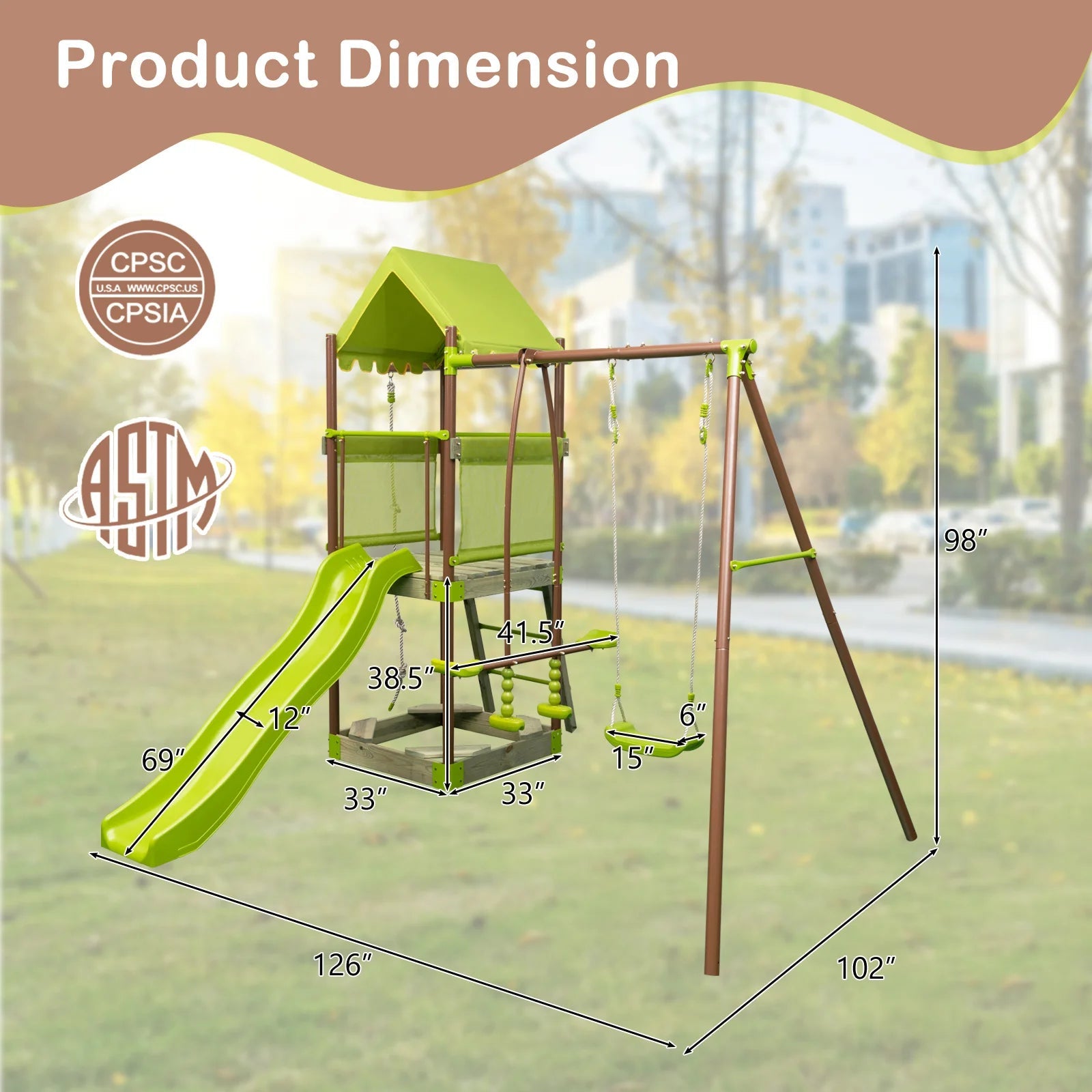 Buy 7 - in - 1 Swing Set Outdoor Metal Playset with Covered Fort - Green | for kids by Learning Bugs UK