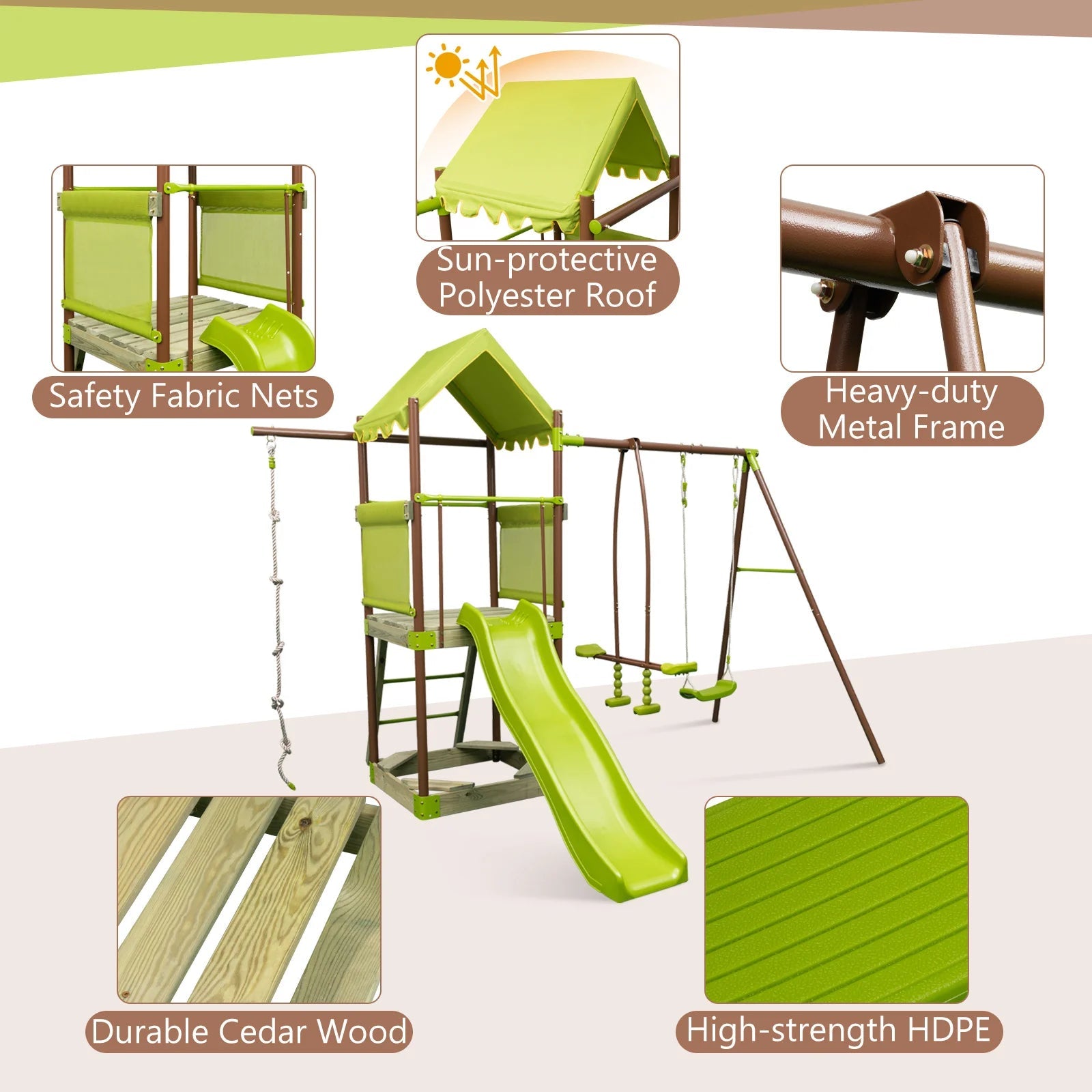 Buy 7 - in - 1 Swing Set Outdoor Metal Playset with Covered Fort - Green | for kids by Learning Bugs UK