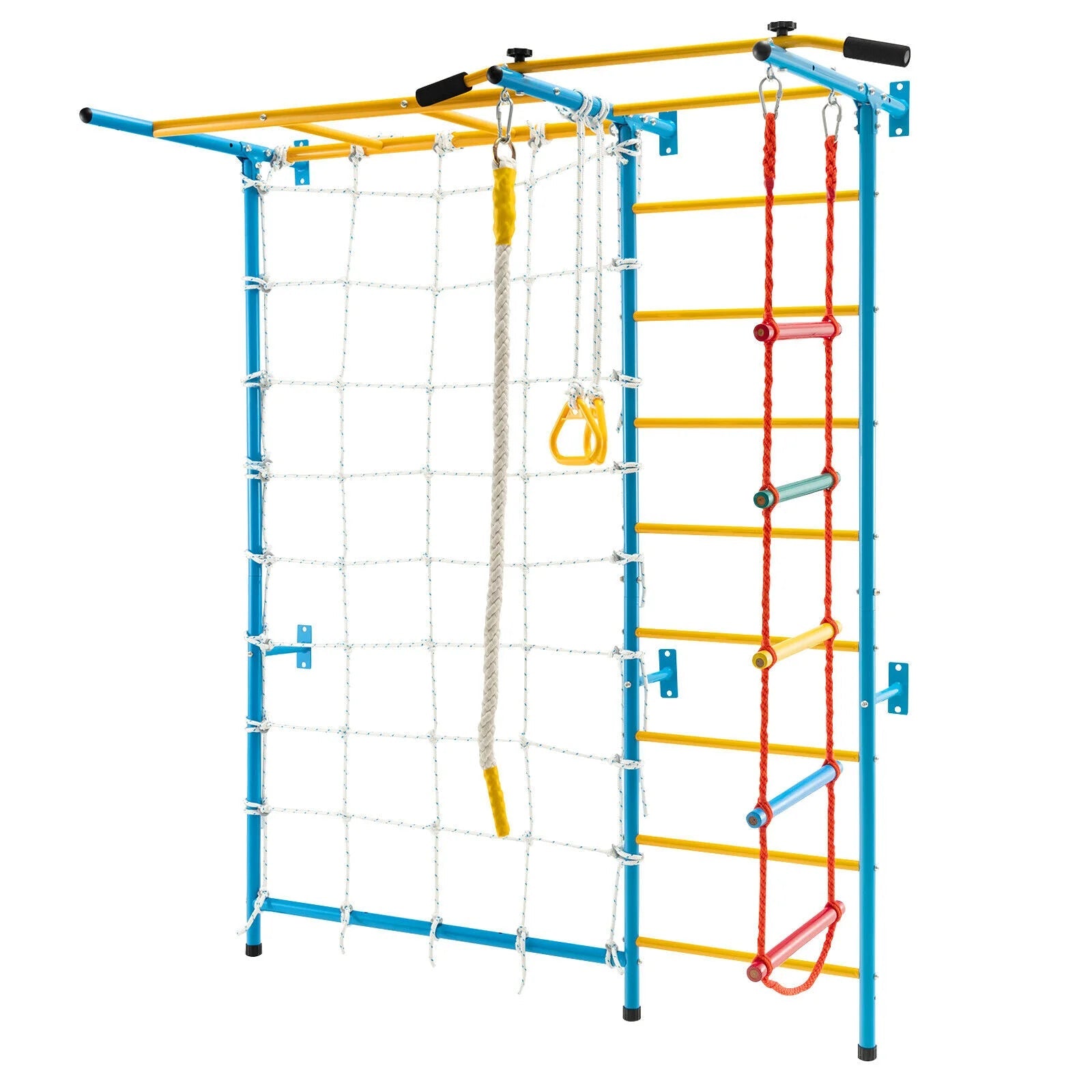 Buy Metal Swedish Ladder Wall Bars for Kids with Gym Rings Climbing Net - Yellow | for kids by Learning Bugs UK