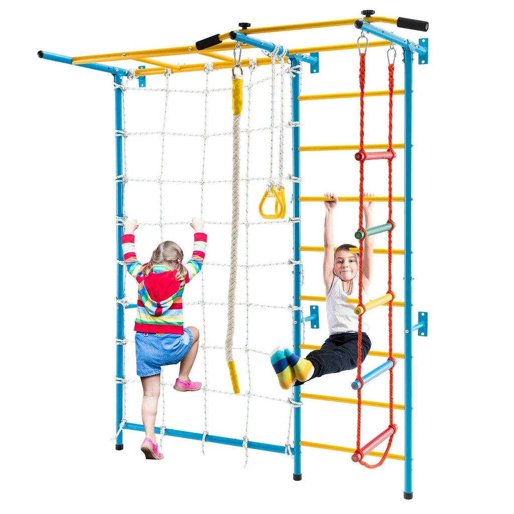 Buy Metal Swedish Ladder Wall Bars for Kids with Gym Rings Climbing Net - Yellow | for kids by Learning Bugs UK