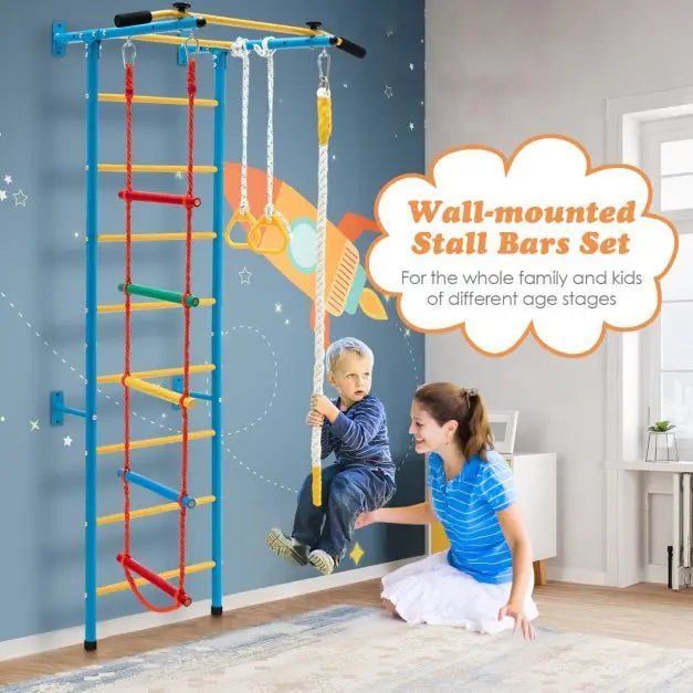 Buy Swedish Ladder Set with Climbing Frame Pull - up Bar Ropes and Rings - Yellow & Blue | for kids by Learning Bugs UK
