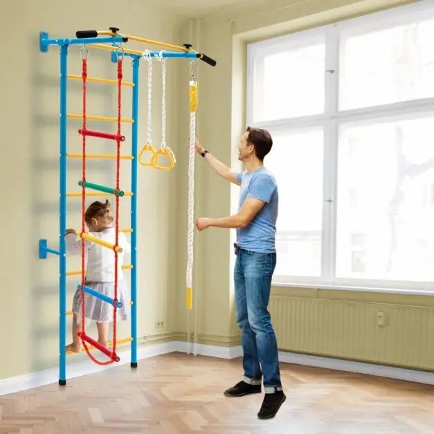 Buy Swedish Ladder Set with Climbing Frame Pull - up Bar Ropes and Rings - Yellow & Blue | for kids by Learning Bugs UK