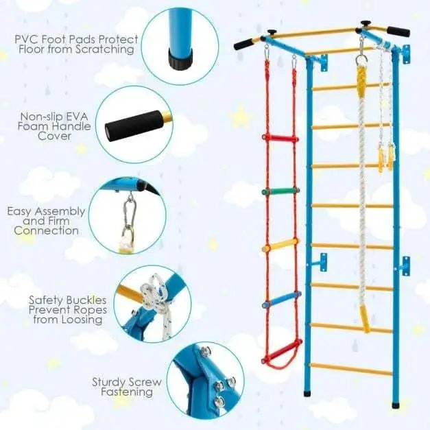 Buy Swedish Ladder Set with Climbing Frame Pull - up Bar Ropes and Rings - Yellow & Blue | for kids by Learning Bugs UK