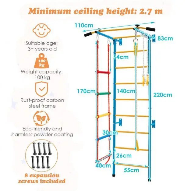 Buy Swedish Ladder Set with Climbing Frame Pull - up Bar Ropes and Rings - Yellow & Blue | for kids by Learning Bugs UK