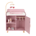 Pink children's play kitchen with shelves and a door open on a white background