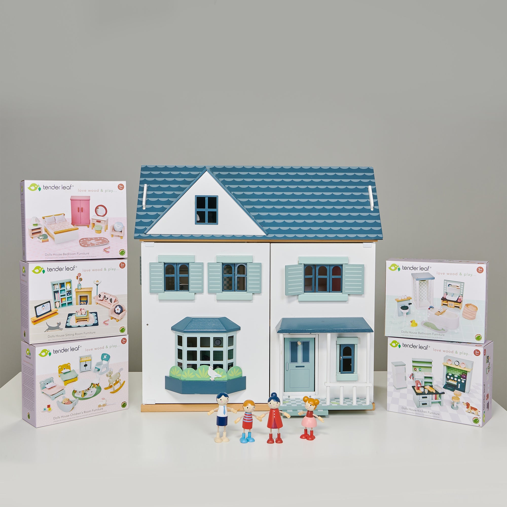 Tender Leaf Dovetail Dolls House Bundle – House, Doll Family & 5 Room Sets