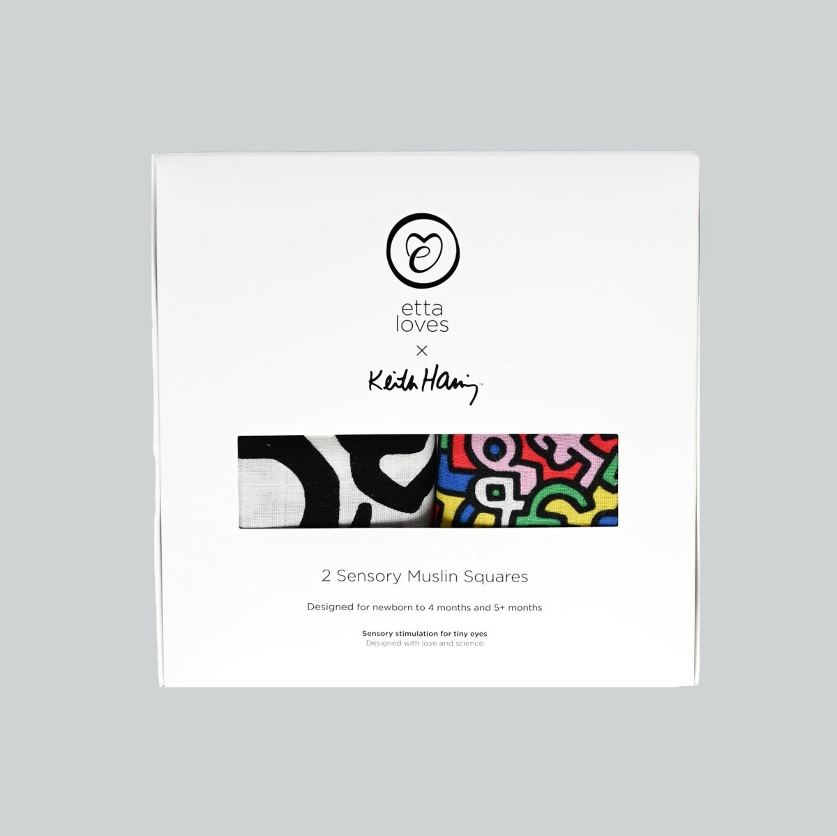 ETTA LOVES x KEITH HARING 2 Pack Muslin Squares – Muslin squares for children, available at Learning Bugs UK