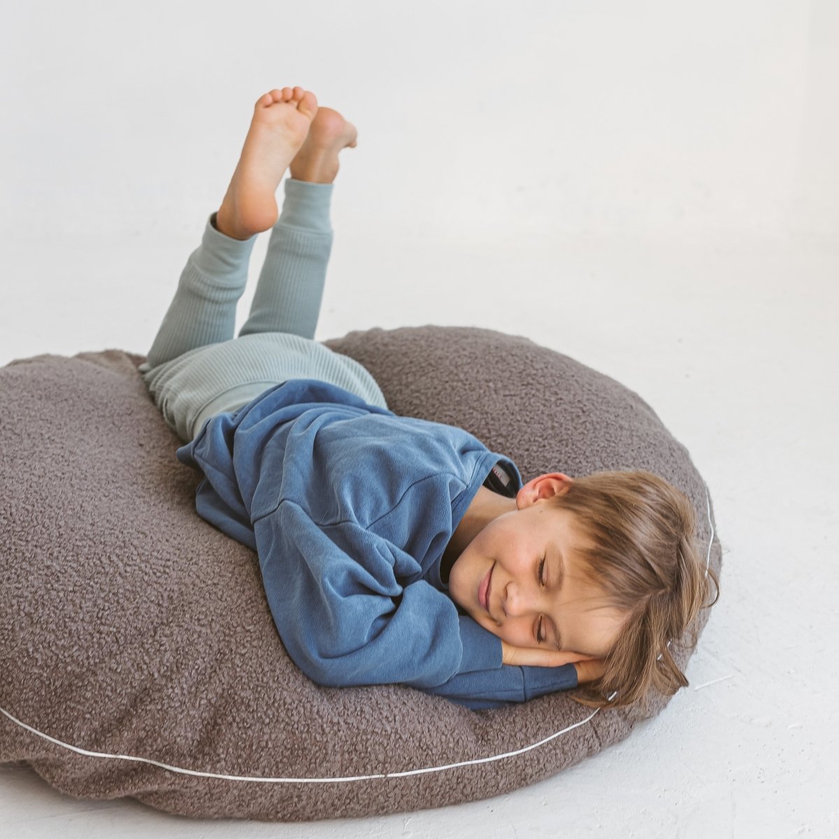 MINICAMP Boucle Fabric Kids Floor Cushion in Grey – Floor Pillows for children, available at Learning Bugs UK