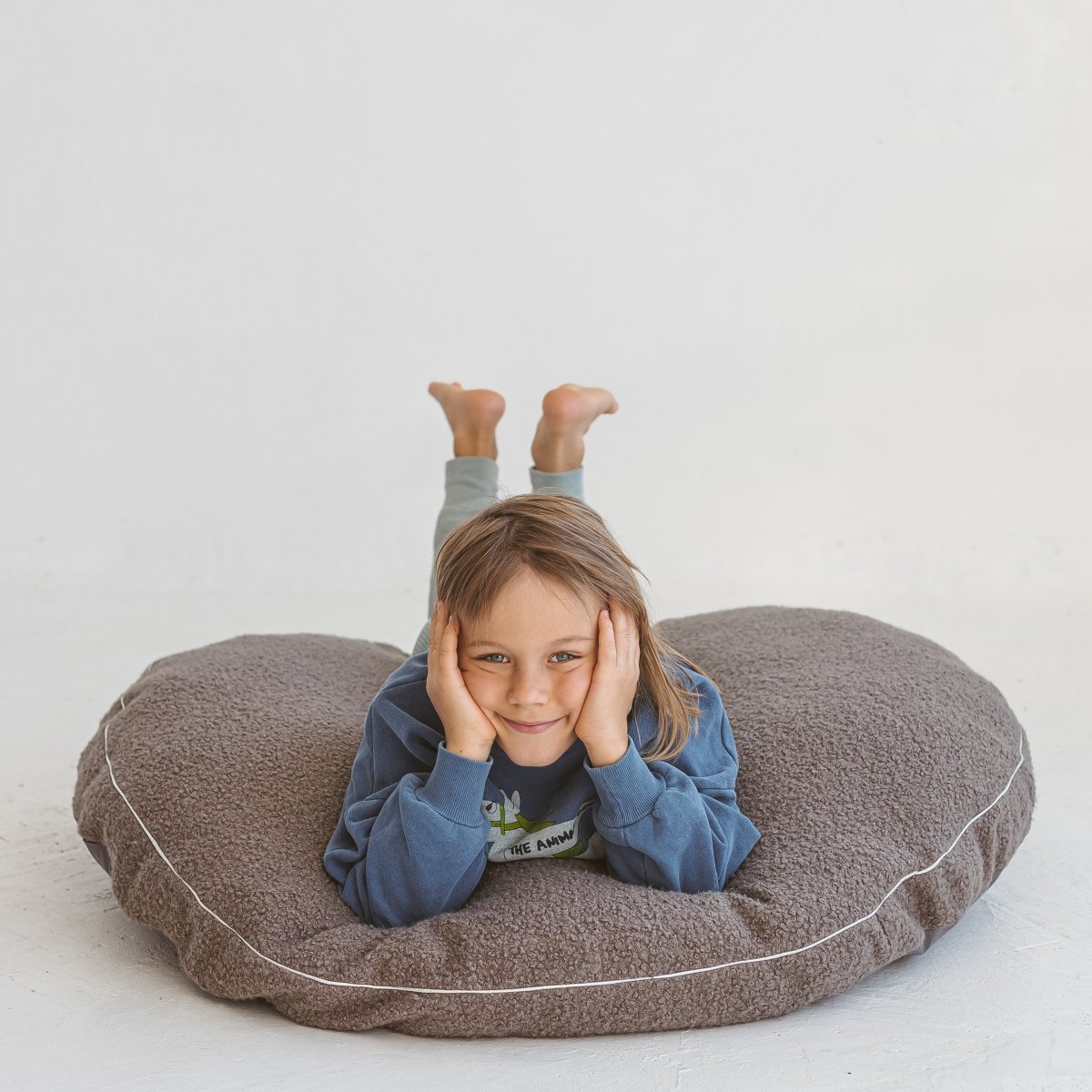MINICAMP Boucle Fabric Kids Floor Cushion in Grey – Floor Pillows for children, available at Learning Bugs UK