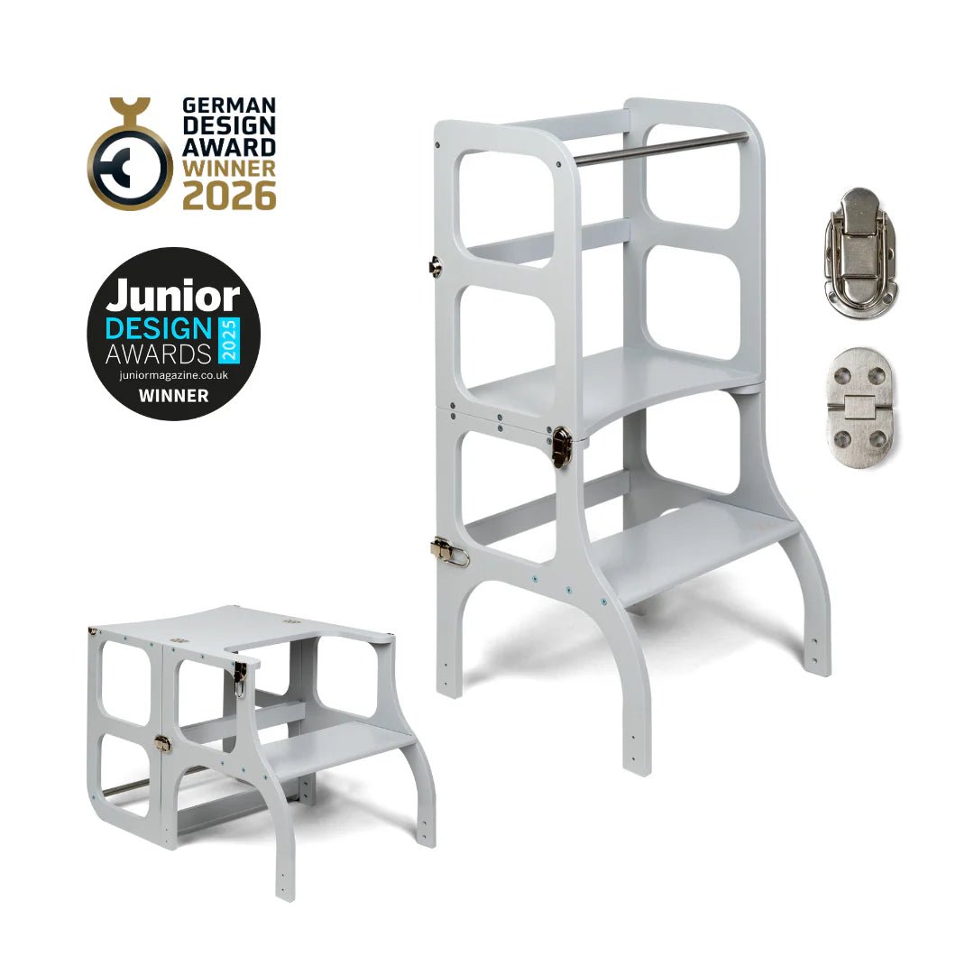 Ette Tete STEP’n’SIT Light Grey Helper Tower 2 in 1 with Silver Catches – for children, available at Learning Bugs UK