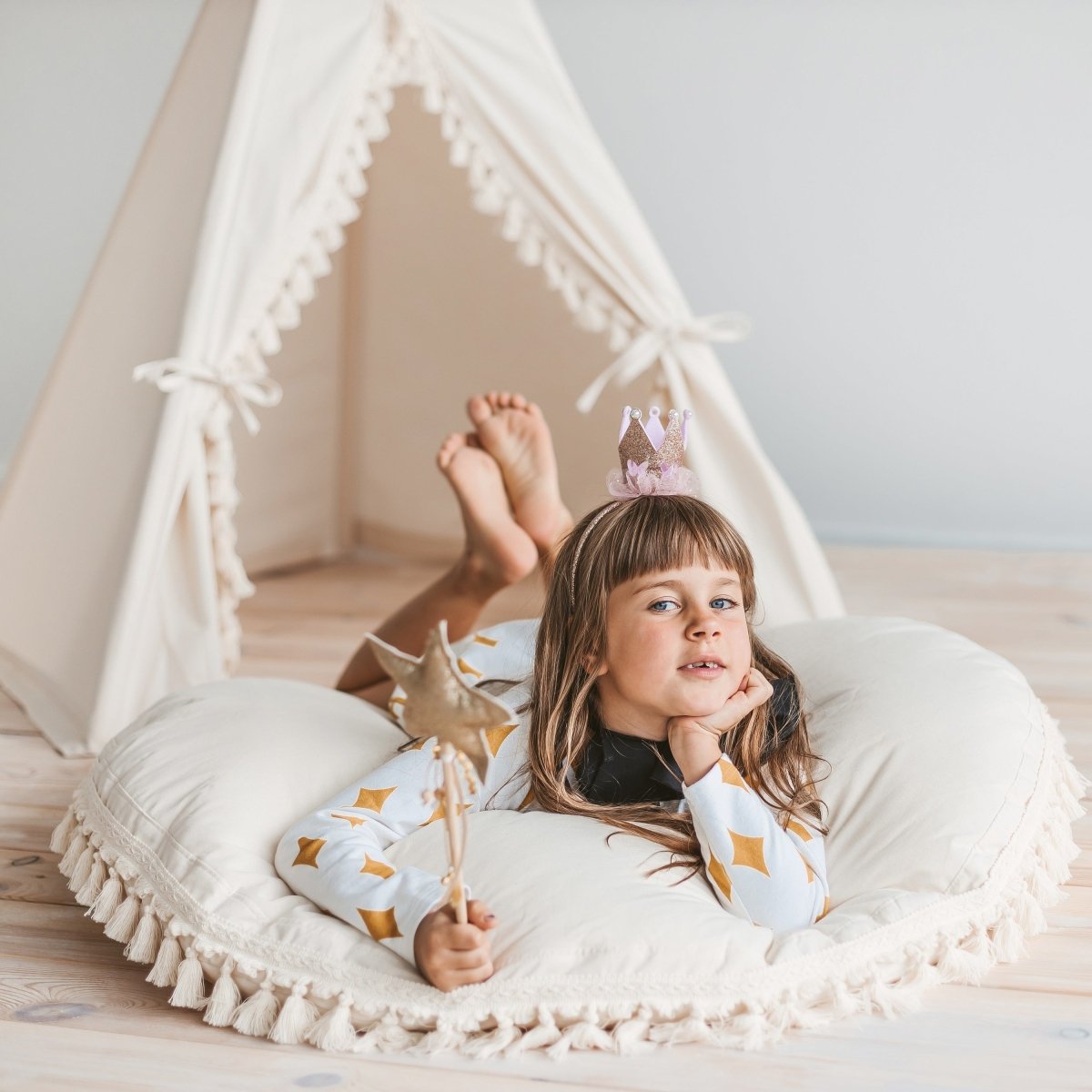 MINICAMP Large Floor Cushion with Tassels in Ecru – Floor Pillows for children, available at Learning Bugs UK