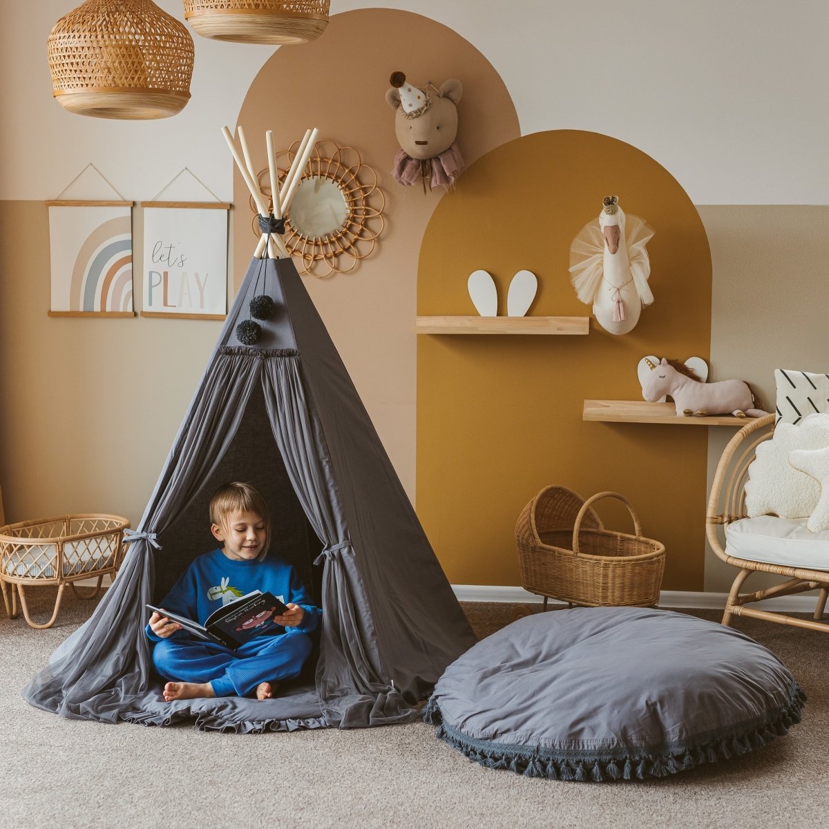 MINICAMP Large Floor Cushion with Tassels in Grey – Floor Pillows for children, available at Learning Bugs UK