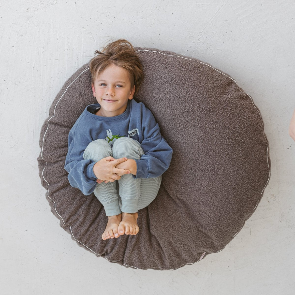MINICAMP Boucle Fabric Kids Floor Cushion in Grey – Floor Pillows for children, available at Learning Bugs UK