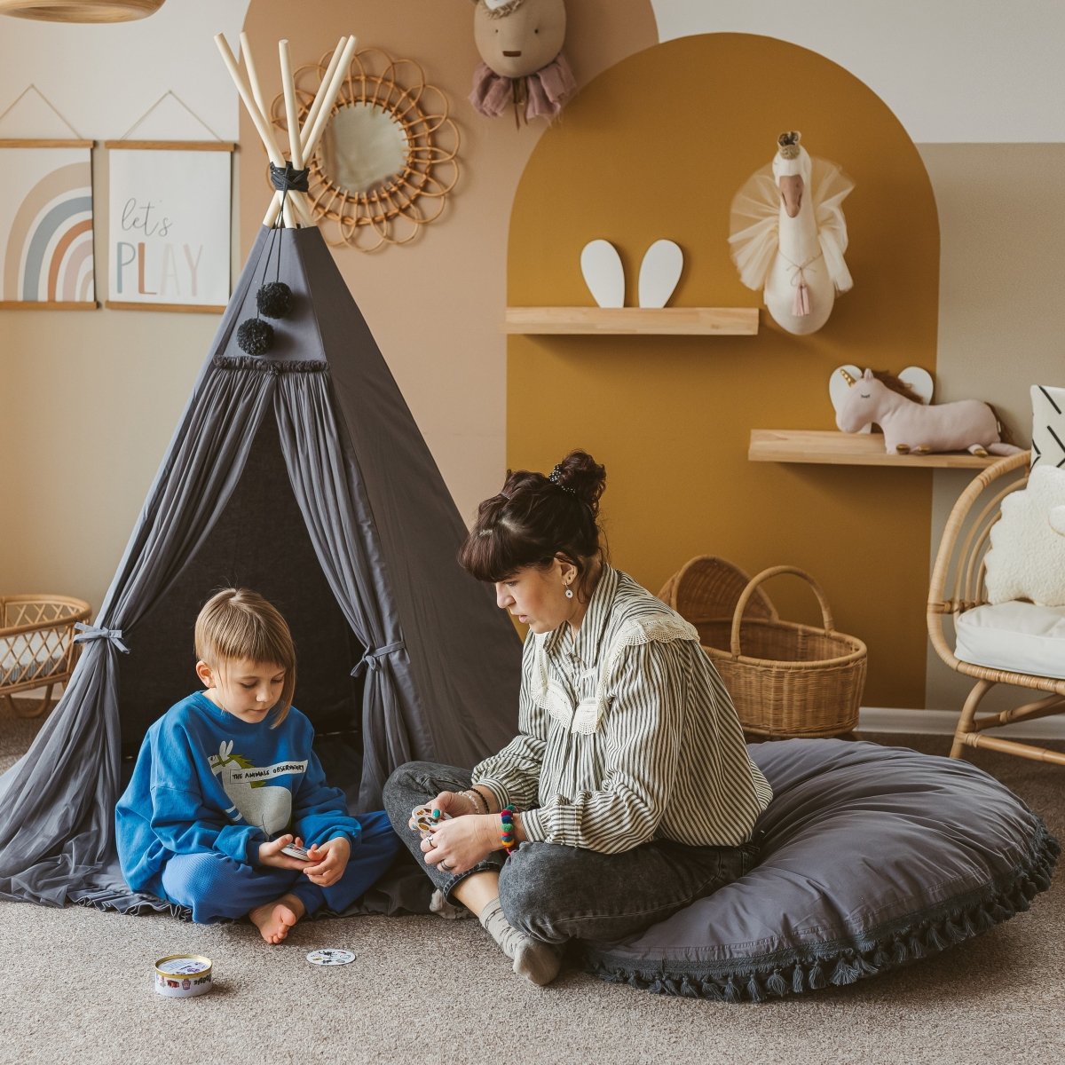 MINICAMP Large Floor Cushion with Tassels in Grey – Floor Pillows for children, available at Learning Bugs UK