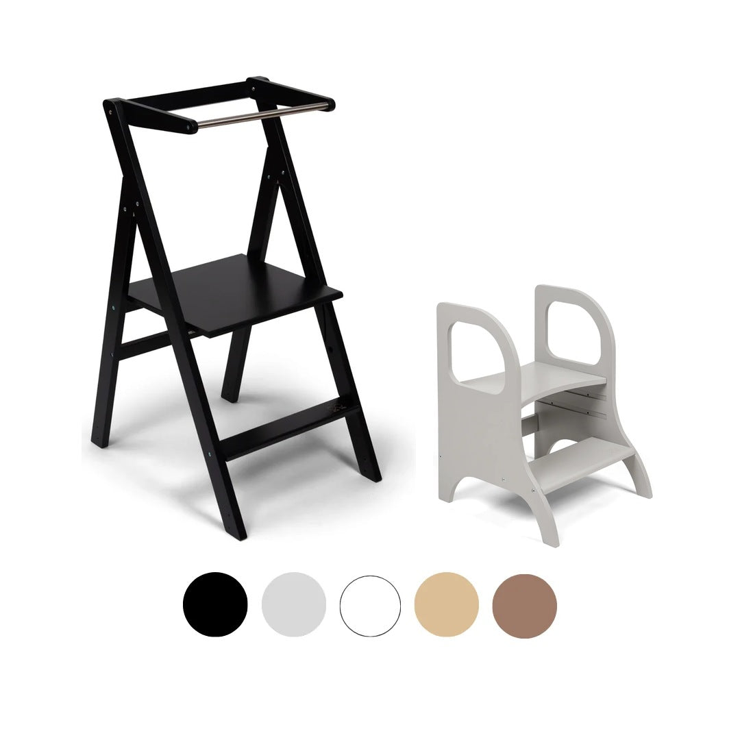 Ette Tete STEP'n'FOLD foldable learning tower in Black with MIIMO step stool in Grey