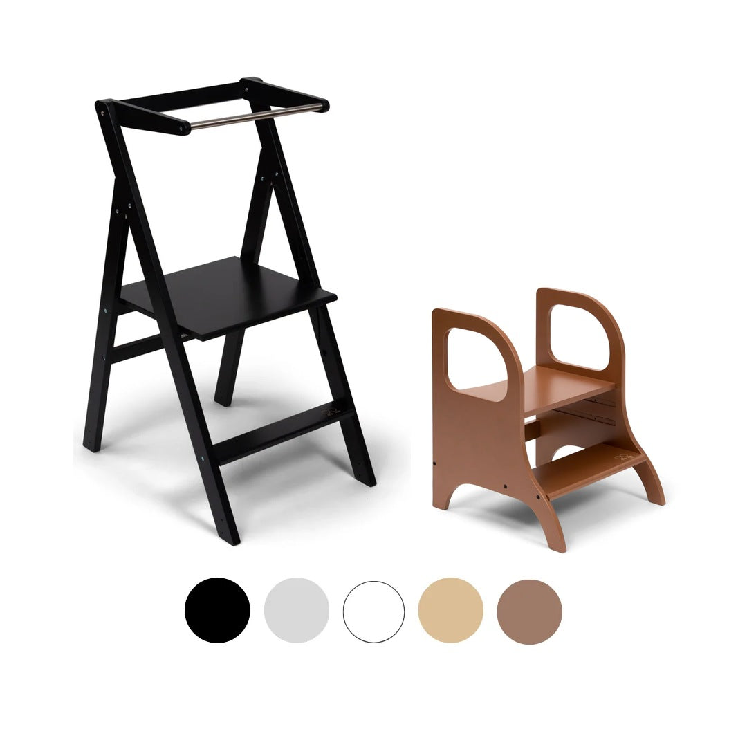 Ette Tete STEP'n'FOLD foldable learning tower in Black with MIIMO step stool in Mocha
