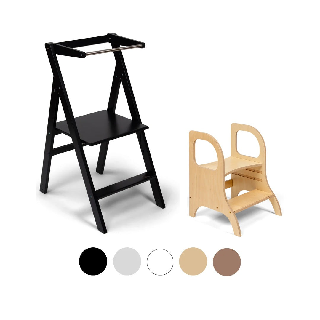 Ette Tete STEP'n'FOLD foldable learning tower in Black with MIIMO step stool in Wooden