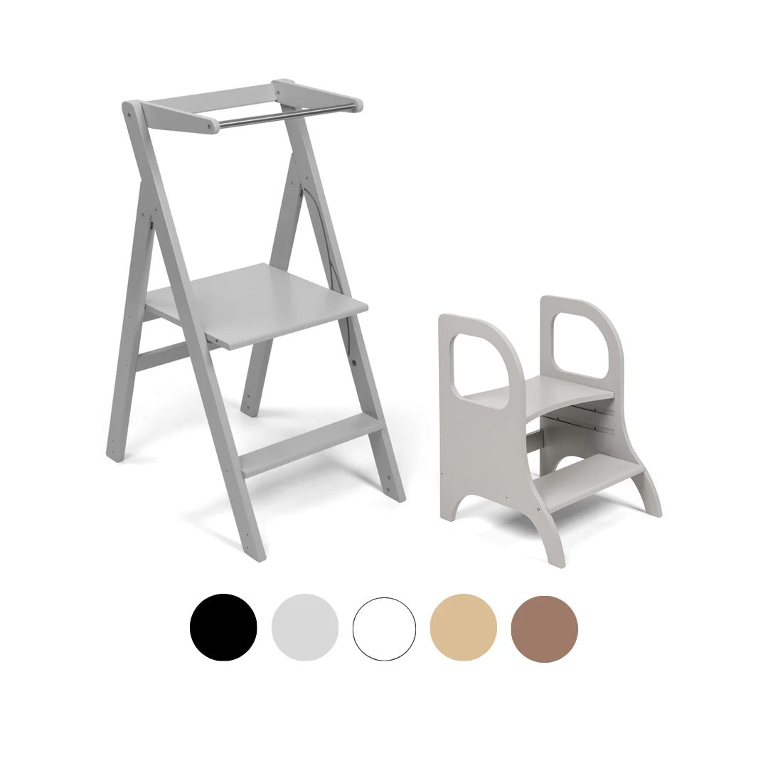 Ette Tete STEP'n'FOLD foldable learning tower in Grey with MIIMO step stool in Grey
