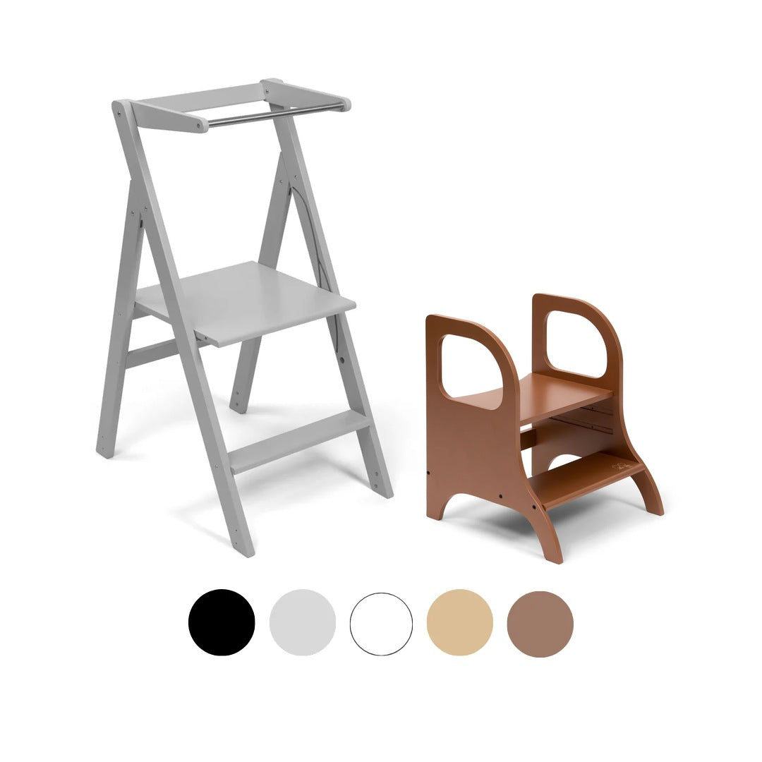 Ette Tete STEP'n'FOLD foldable learning tower in Grey with MIIMO step stool in Mocha
