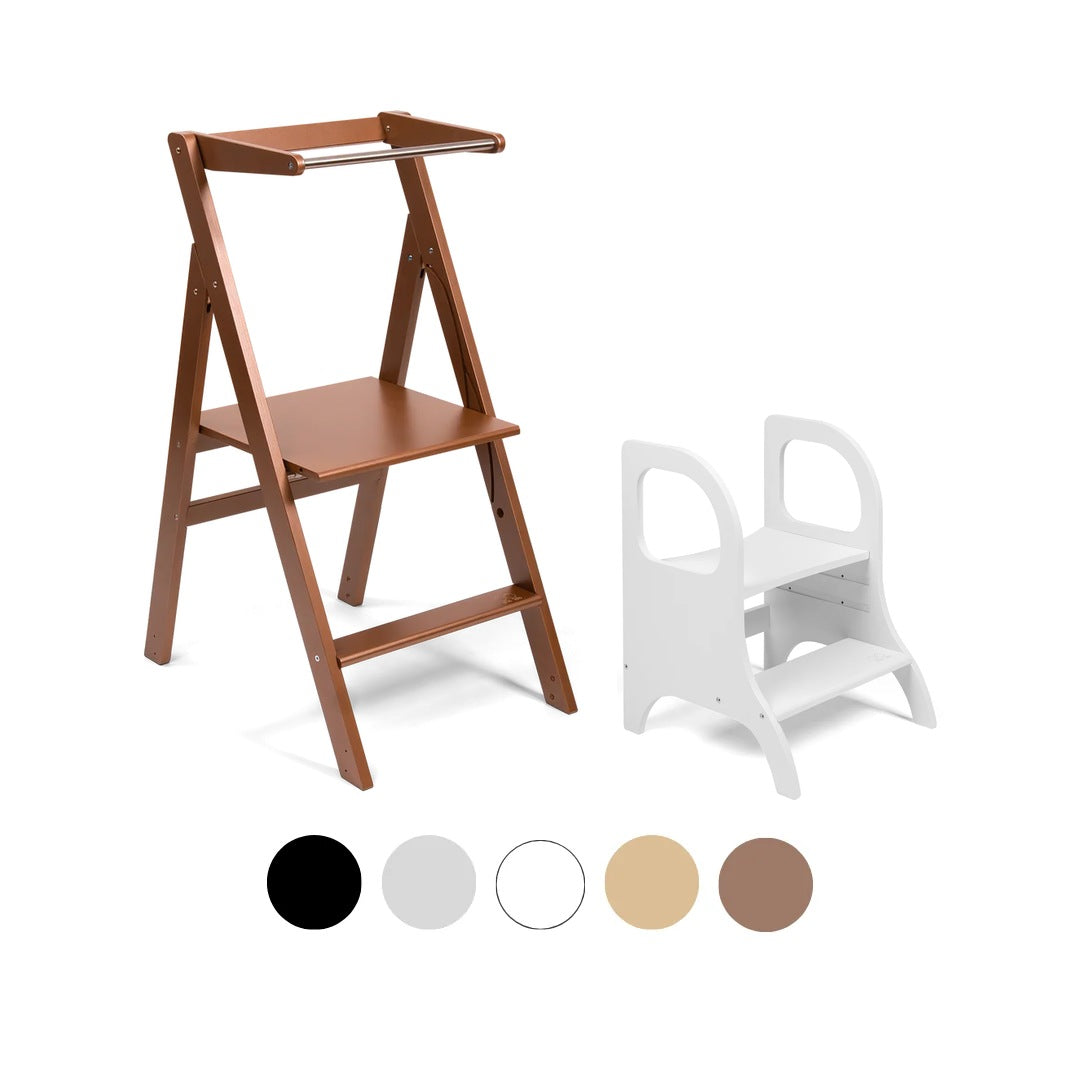 Ette Tete STEP'n'FOLD foldable learning tower in Mocha with MIIMO step stool in White